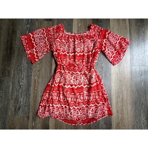 Yahada Mini Dress Womens M Red White Geometric Tribal Flutter Sleeve Tie Waist